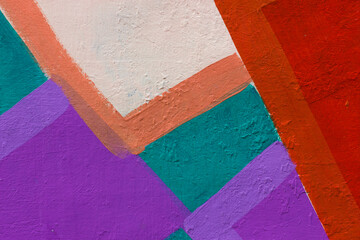 Close up of a geometric mural paint, wall textured background, small part of a big colorful street...