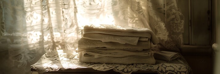 Sunlight filters through lace curtains, casting intricate patterns on a pile of freshly folded towels, each fold a testament to domestic tranquility.