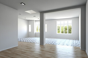 Obraz premium Renovation and modernization with drywall plaster in a walk-through room (3D Rendering)