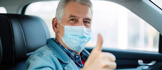 Fototapeta na wymiar Young Man Driving Car Wearing Protective Face Mask for Safe Travel During Pandemic Crisis