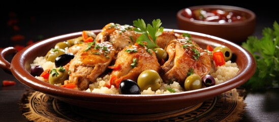 Mediterranean Gastronomy: An Appetizing Dish Filled with Olive Rice, Roasted Chicken, and Savory Green Olives