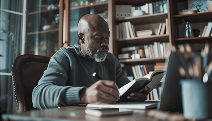 Man sitting at his desk in his den writing in his journal. African American man focused on his work