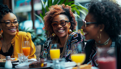Portrait of 3 beautiful black women at brunch having a great time. Girls laughing with their friends - obrazy, fototapety, plakaty