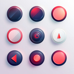 A set of nine buttons with different shapes and colors