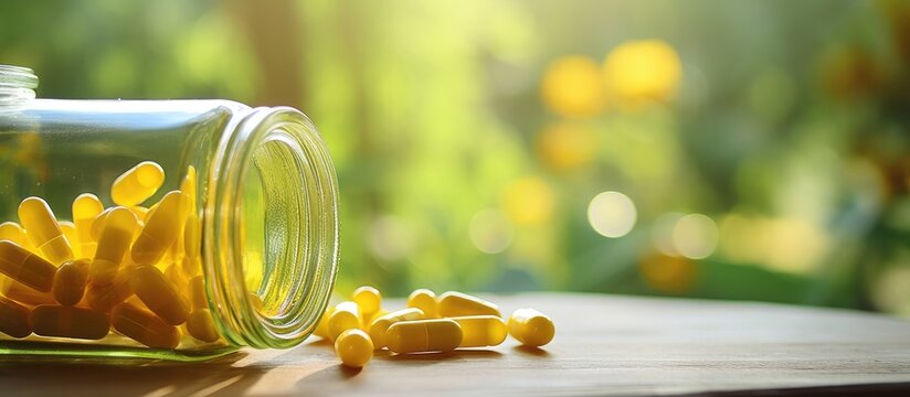 Essential Yellow Capsules in Glass Jar for Medical Treatment and Healthcare Therapy