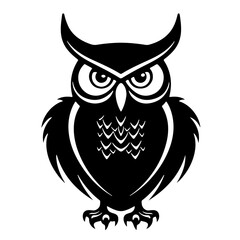 Wildlife wild animal birds symbol icon for logo - Black fine line art silhouette of owl, isolated on white background