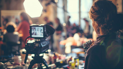 Fototapeta na wymiar Professional video studio. A film set for shooting a film, video clip or commercial. AI