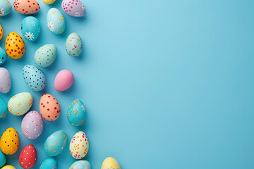Fototapeta na wymiar top view colorful easter eggs on a blue background with copy space for text in the style of a banner design