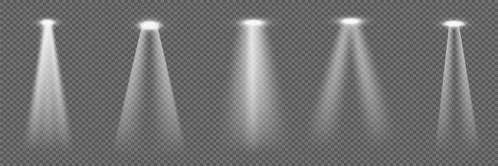 Set of bright light spotlights, isolated light sources on a transparent background.