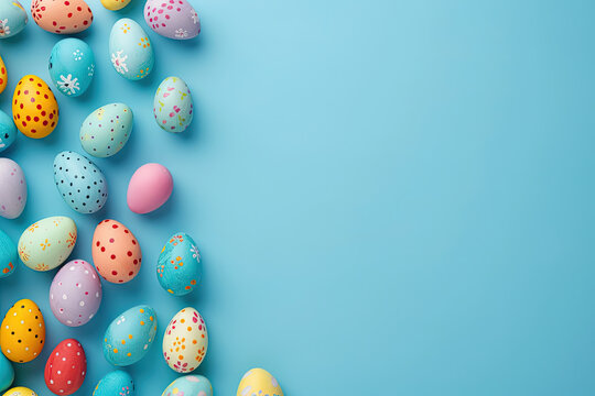 top view colorful easter eggs on a blue background with copy space for text in the style of a banner design