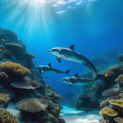 Fototapeta na wymiar Dolphin on the ocean floor. undersea world