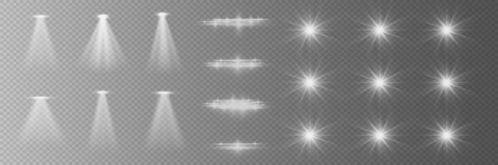 
Set of glowing isolated white transparent light effects, lens flare, explosion, sparkle, dust, line, solar flare, spark and stars, spotlight. Vector EPS 10