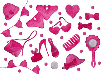 Clip-art of bright pink clothes and cosmetics of a young fashionista. Isolated watercolor illustrations
