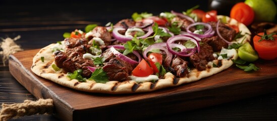 Succulent Pizza Delight on Rustic Wooden Board with Savory Meat, Onions, and Tomatoes