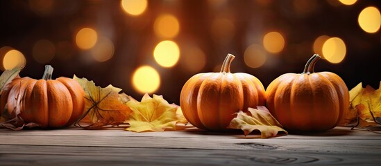 Autumn Harvest: Three Vibrant Pumpkins on a Rustic Wooden Table Surrounded by Colorful Fall Leaves