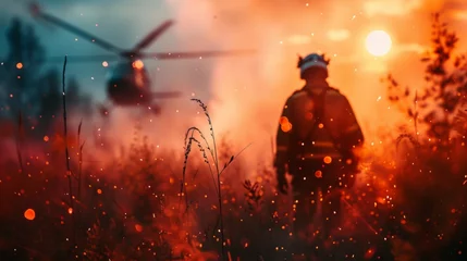 Foto op Aluminium Firefighter fighting to put off wild fire flames in forest with helicopter © Joyce