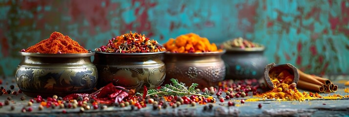 Spices and herbs mingle in a dance of aroma and color, their vibrant hues a celebration of culinary diversity and sensory delight - obrazy, fototapety, plakaty