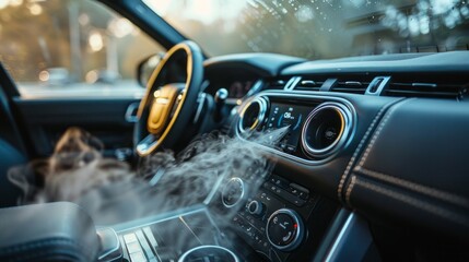 Car air conditioner cleaning with dry fog or smoke. bad smell in the car, refilling refrigerant in car air conditioner