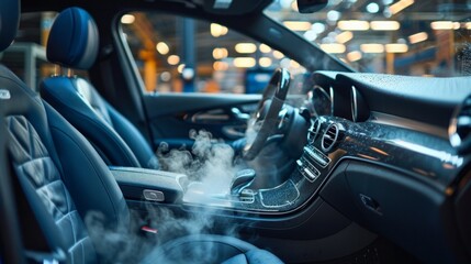 Car air conditioner cleaning with dry fog or smoke. bad smell in the car, refilling refrigerant in car air conditioner - obrazy, fototapety, plakaty