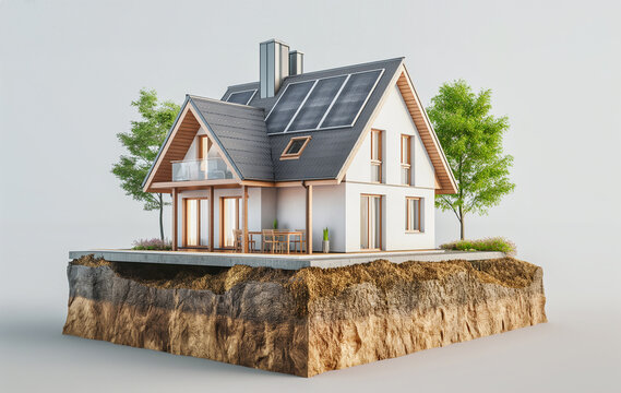 sustainable modern house building with solar panels and heat pump illustration
