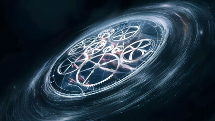 Concept art of a cosmic clockwork, with interlocking gears of time turning in a mesmerizing pattern in the middle of the galaxy. 