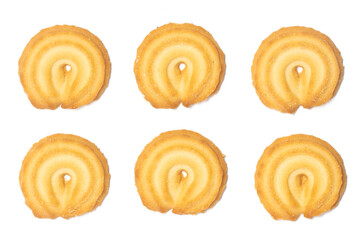 Group of danish butter cookies the vanilla ring cookie top view isolated on white background clipping path