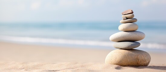 Tranquil Zen Stack: Balanced Rocks Rest Serenely by the Sandy Shore