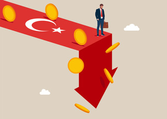 Turkey economy collapse. Economy collapse. Financial instability and stock market crash. Investor falling from stack of unstable money. Vector illustration.