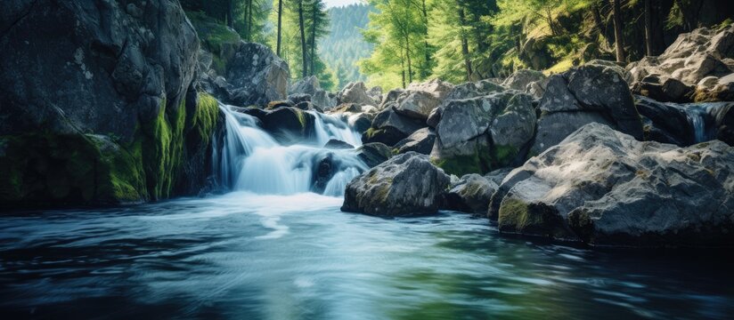 Tranquil Water Flowing Down a Rocky Stream in a Serene Nature Setting
