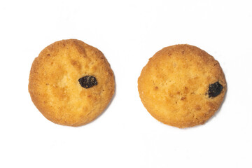 Two danish butter cookies the coconut style cookie with raisin top view isolated on white background clipping path