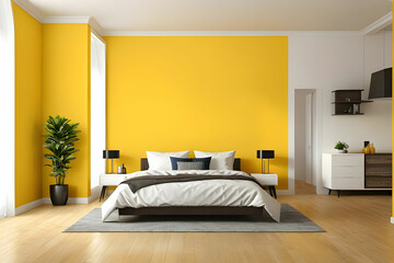 Yellow wall painting in apartment room after relocation (3D Rendering)