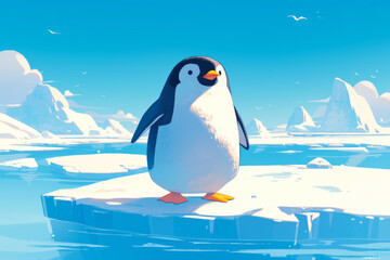 Obraz premium Lone penguin in Antarctica cartoon in ice and snow