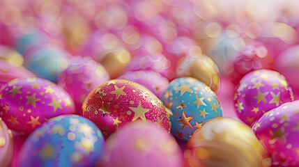 close up of colorful easter eggs with shiny golden patterns