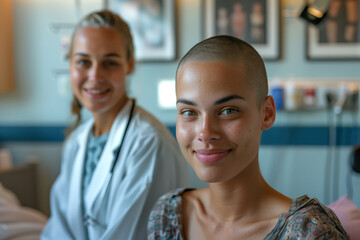 Fototapeta premium A girl cancer patient with a bald head sits in the hospital and smiles next to her doctor, willpower, fighting the disease