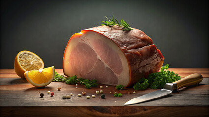 Cured Ham Joint with Fresh Herbs and Lemon on Wooden Cutting Board. Soft lighting.
 - obrazy, fototapety, plakaty