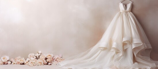 Elegant Wedding Dress Displayed on a Mannequin Surrounded by Blooming Floral Arrangements