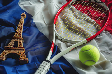 Tennis ball and racket on French flag with Eiffel Tower souvenir.