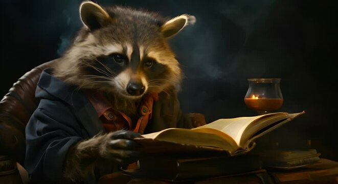 A raccoon with a book, appearing engrossed, conveying intelligence