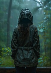 a woman in raincoat standing in the rain