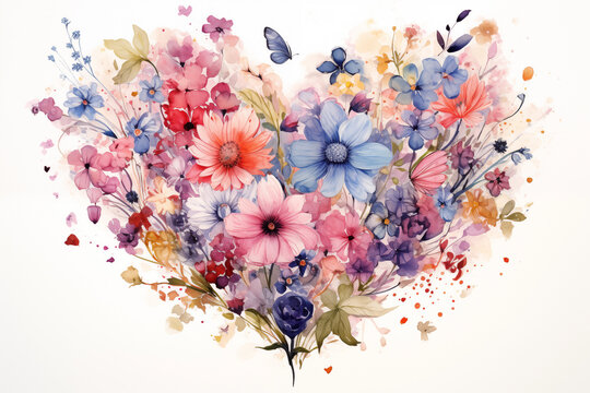 Artistic Heart-shaped Bouquet With Vibrant Watercolor Flowers And Butterflies