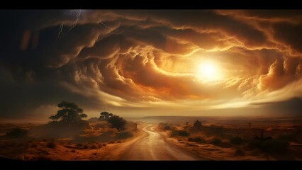 Sandstorm in the Desert. Stormy Sky with Lightning Strikes in the Desert. Seamless Looping 4k Video Animation Background