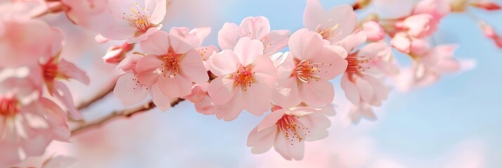 A close-up of delicate cherry blossoms in full bloom, their soft pink petals contrasted against a clear blue sky.