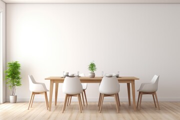 Mock up of a white modern dining room with dining table set with chairs and an empty painted wall. Wall decor