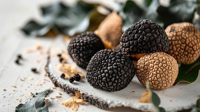 close-up of black and white truffle on wooden table