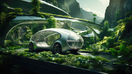Green driving concept portrayed in an urban setting, showcasing vehicles' low impact on the environment