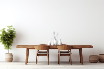 Wooden dining table and chairs in a minimalist room with and empty wall background. Dining room mockup
