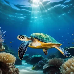 Foto op Canvas Sea turtle on the ocean floor. undersea world © Татьяна Жерносенко