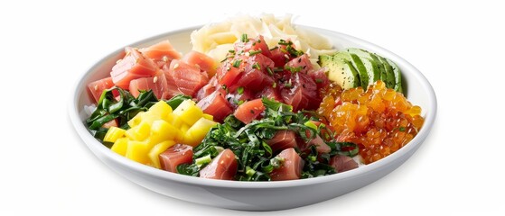 Fresh poke bowl with tuna, vegetables, and a variety of toppings isolated on a white background.