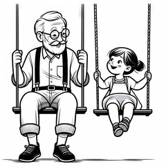Grandfather and granddaughter swinging on a swing. Outline style