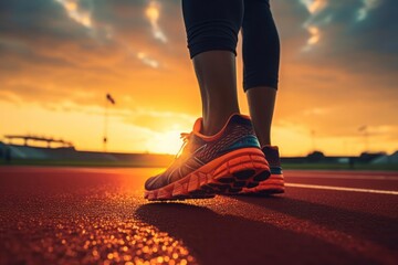 Running shoe of athletic runner training in stadium at sunset, preparing for sports competition,...